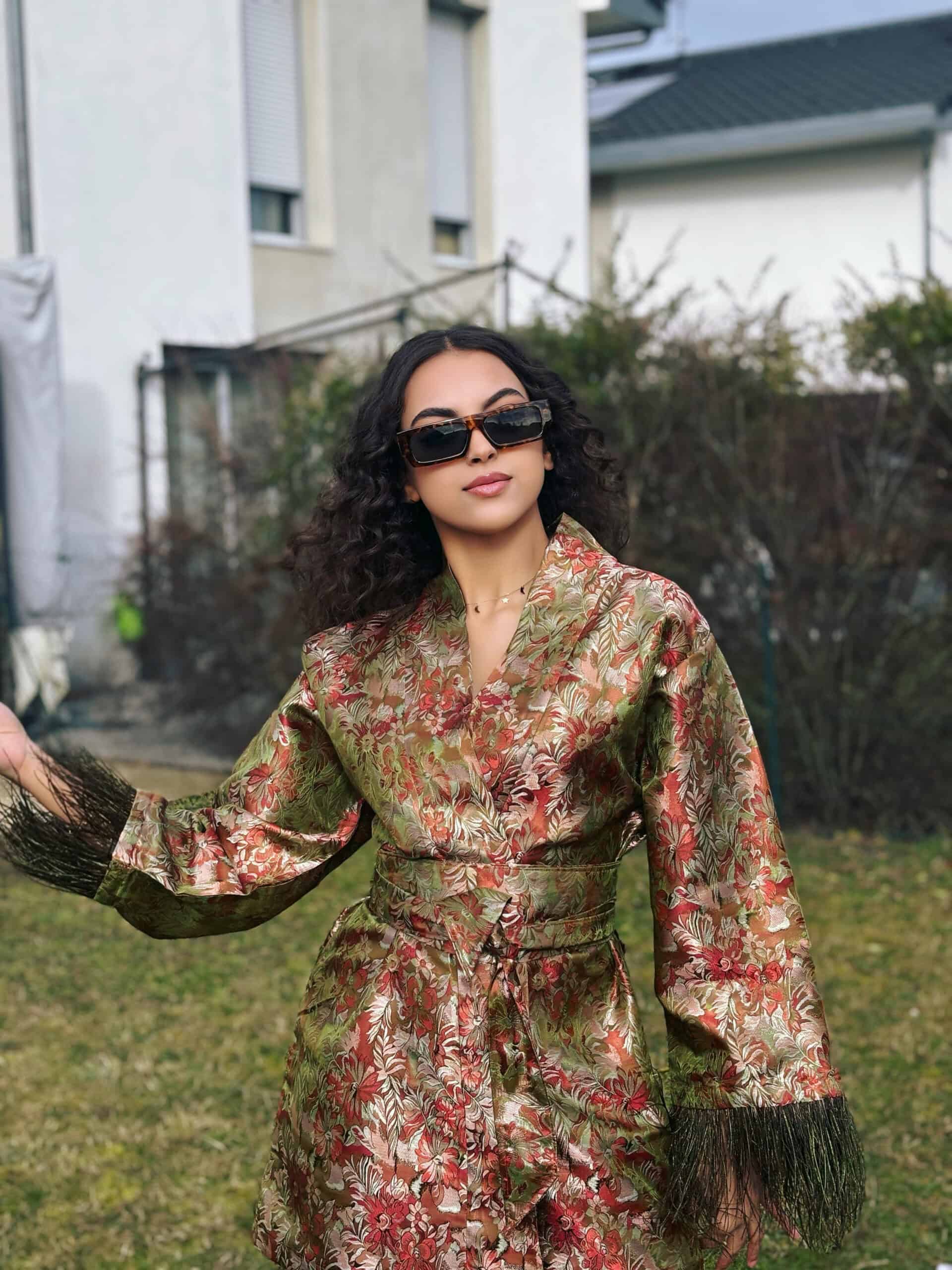 ikra green and burgundy kimono robe