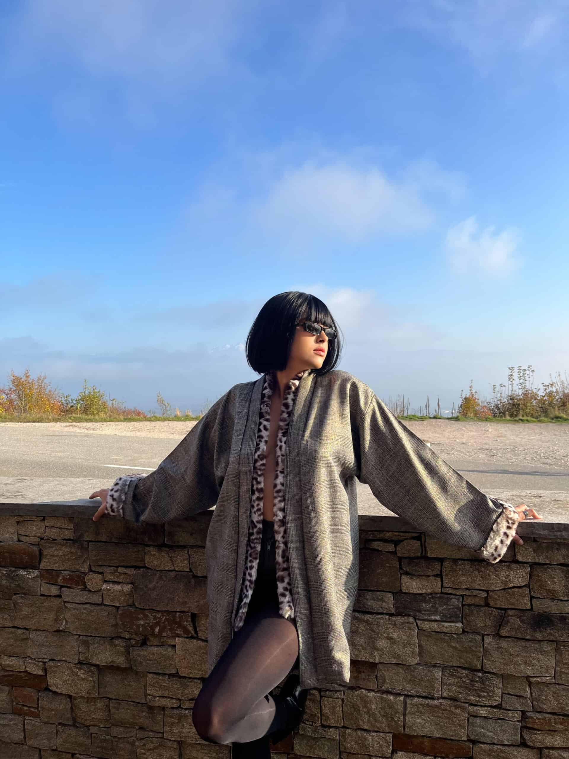 mani coat, check pattern with unique fur design