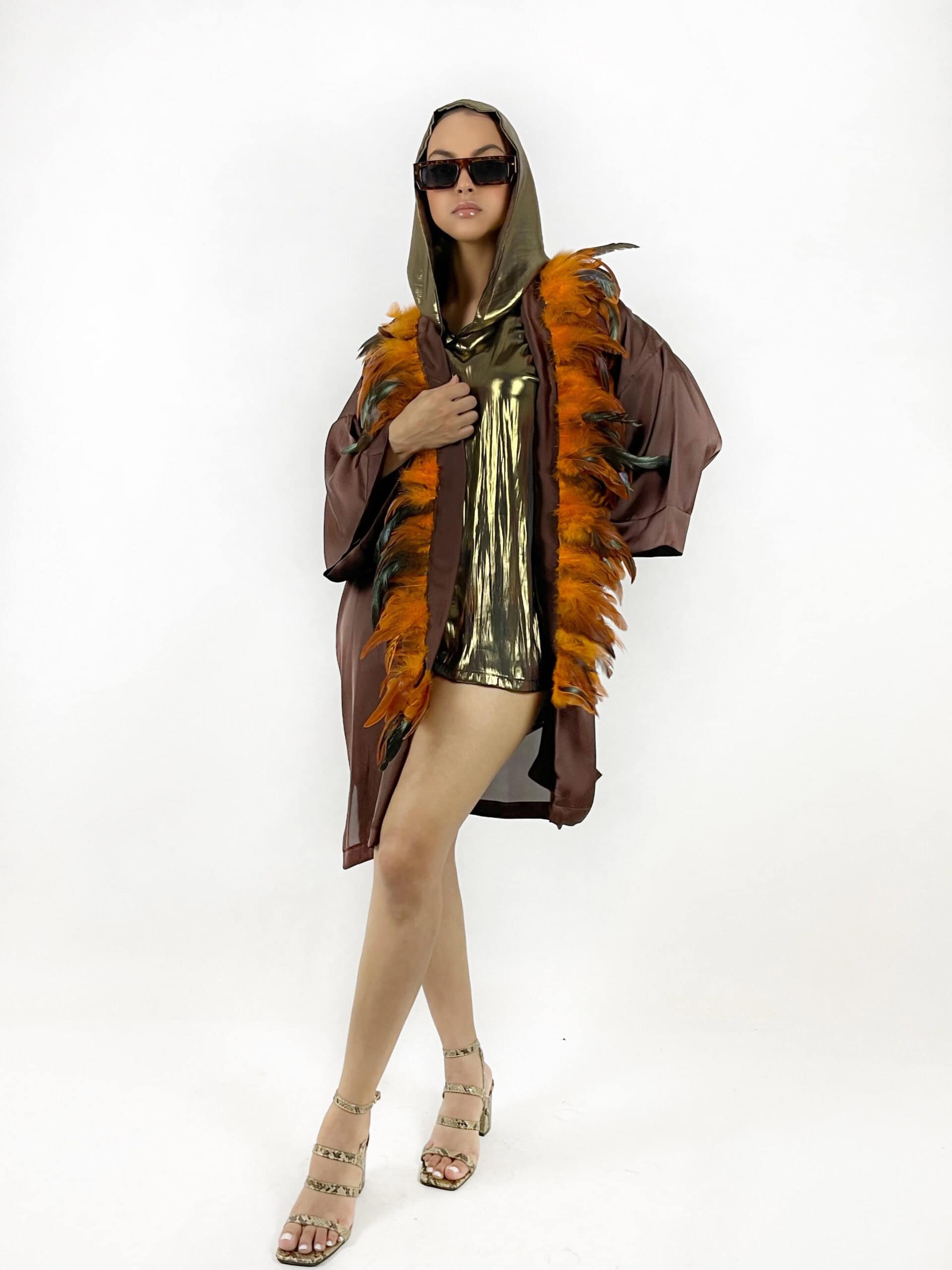 ikra brown kimono with tail feathers