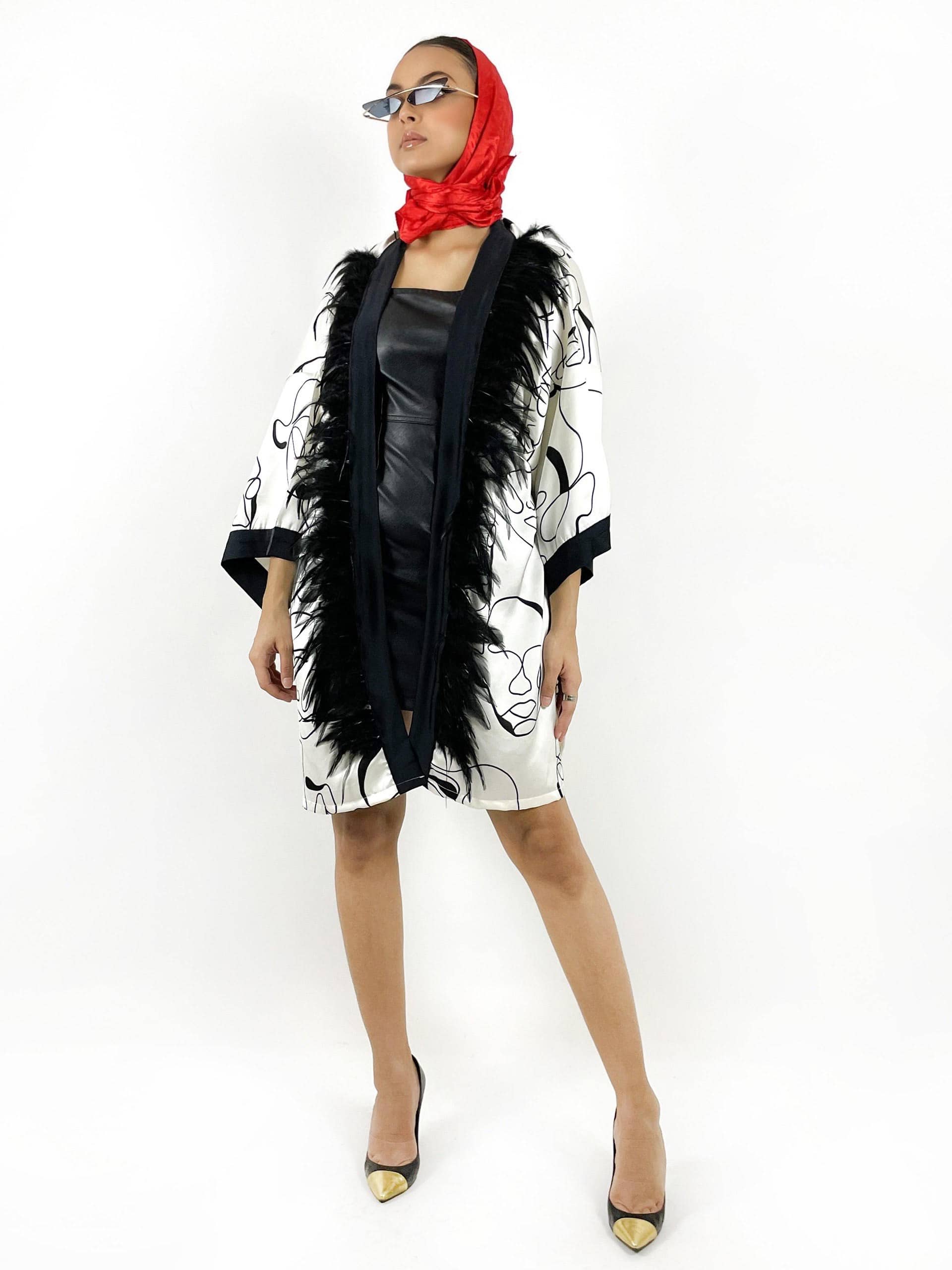 ikra black and white silk kimono